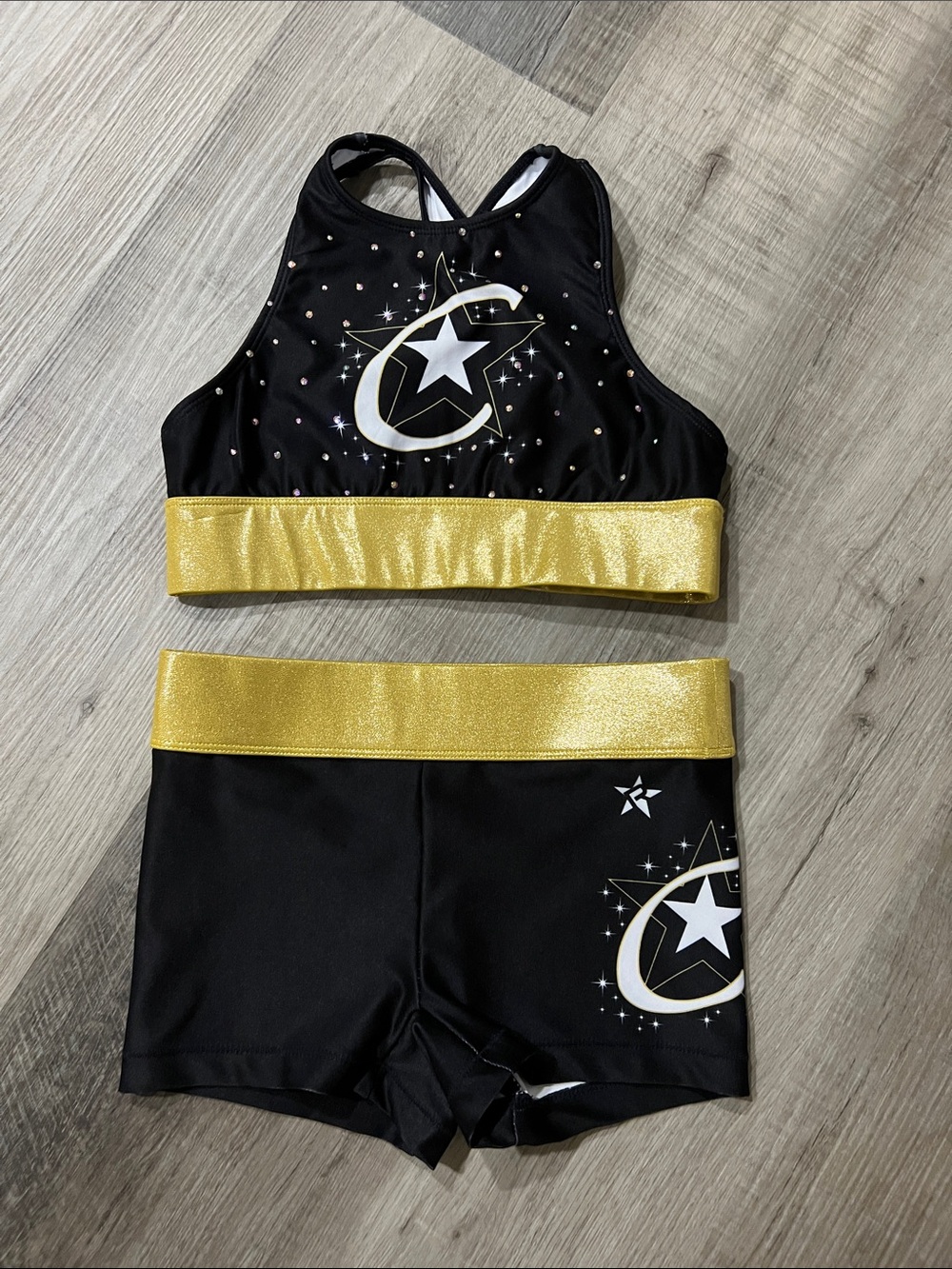 Rebel Athletic size YL metallic gold & black short and bra set